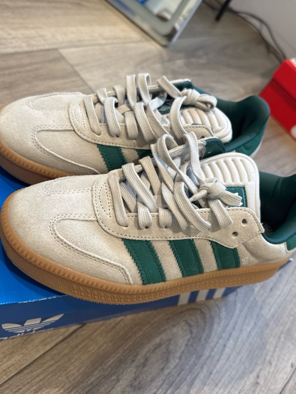 adidas Kids Beige Suede Sneakers with Green Stripes and Gum Sole